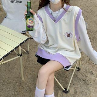 Long-sleeve Plain T-shirt / Contrast Trim Embroidered Knit Vest