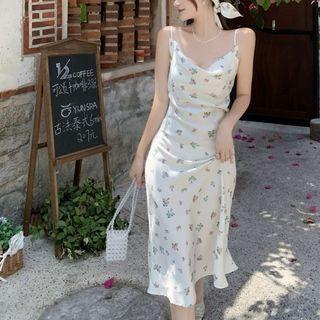 Set: Spaghetti Strap Floral Print Midi A-line Dress + Scarf