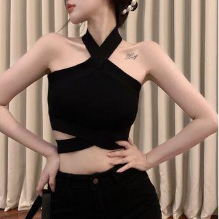 Sleeveless Halter Neck Crop Top Black - One Size