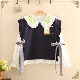 Avocado Embroidered Collar Blouse / Bow-detail Ruffled Vest / Set