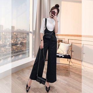 Set: Mock-neck Elbow-sleeve Knit Top + Striped Wide-leg Jumper Pants