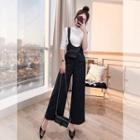 Set: Mock-neck Elbow-sleeve Knit Top + Striped Wide-leg Jumper Pants