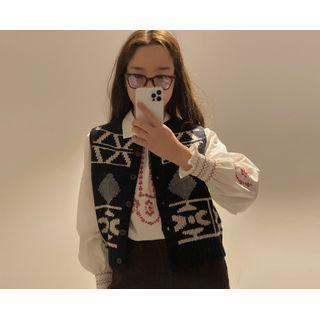 [dearest] Collared Notch-neck Embroidery Blouse One Size