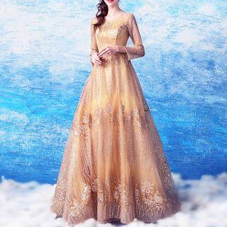 Sequined 3/4 Sleeve Evening Gown