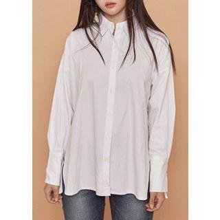 Wide-cuff Ruffle-hem Cotton Shirt