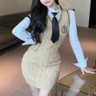 Sleeveless Knit Mini Bodycon Dress / Shirt With Necktie