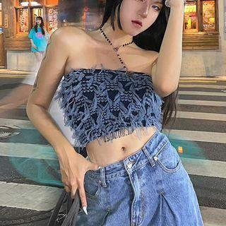 Fringed Trim Tube Top Dark Blue - One Size