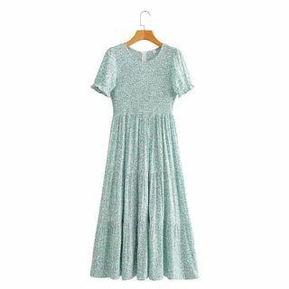 Short-sleeve Floral Print Shirred Tiered Midi A-line Dress