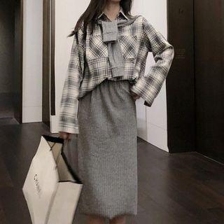 Long-sleeve Plaid Shirt / Lettering Cape / Midi A-line Skirt
