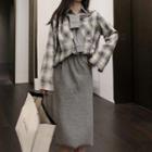 Long-sleeve Plaid Shirt / Lettering Cape / Midi A-line Skirt