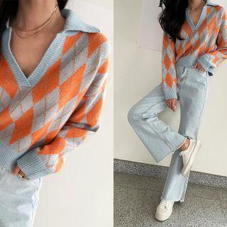 Open-placket Argyle Cropped Knit Top Sky Blue - One Size