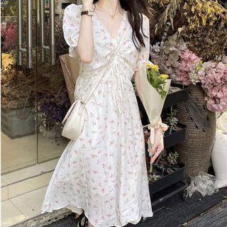 V-neck Drawstring Floral Print Dress White - One Size