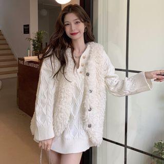 Chain Accent Cable Knit Sweater / Fluffy Button-up Vest