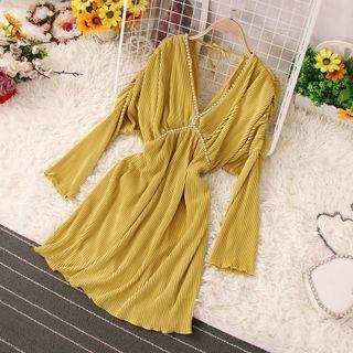 Long-sleeve Ribbed Faux Pearl A-line Dress