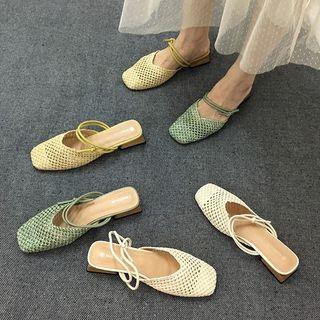 Two-way Square Toe Woven Low Heel Sandals