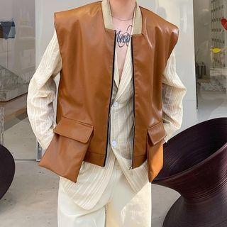 Two-tone Faux Leather Zip-up Vest