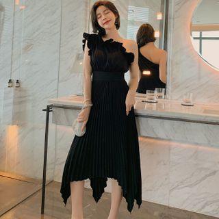 Ruffled One-shoulder Sleeveless Midi A-line Dress