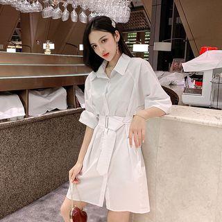 Short-sleeve Drawstring Waist Plain Shirt Dress