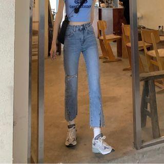 High-waist Ripped Trim Slit Shift Jeans