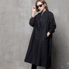 Rib-trim Button-up Coat Navy Blue - One Size