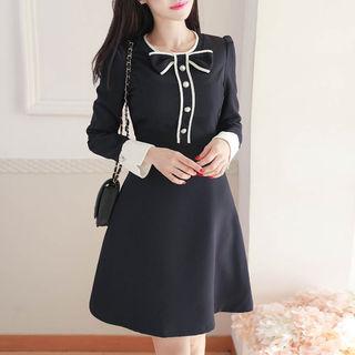 Bow-detail Contrast-cuff Flare Dress