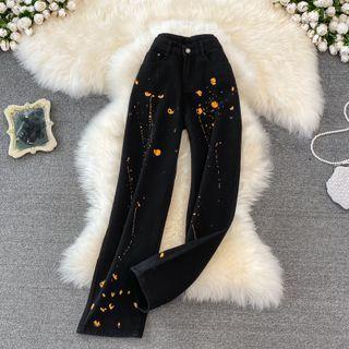 High Waist Printed Straight Leg Jeans
