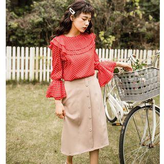 Set: Bell-sleeve Dotted Blouse + Midi A-line Skirt