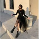 Long-sleeve Cold-shoulder Mesh Overlay Midi Dress