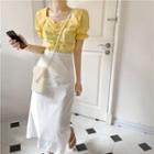Square-neck Short-sleeve Blouse / Flower Embroidered Midi Straight-fit Skirt