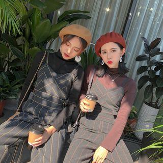 Plain Long-sleeve Top / Striped High-waist Wide-leg Jumper Pants
