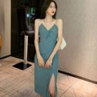 Spaghetti-strap Plain Knotted Side-slit Dress