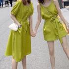 Short-sleeve Midi A-line Dress / Spaghetti Strap Playsuit / Belt / Set