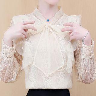Tie-neck Mesh Panel Beaded Lace Top