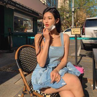 Sleeveless Logo-pattern Denim Minidress Blue - One Size