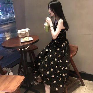 Spaghetti Strap Star Embroidered Mesh Midi A-line Dress