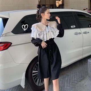 Lace Panel Long-sleeve Button Midi Dress