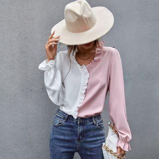 Two-tone Ruffle Trim Long-sleeve V-neck Shirt