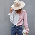 Two-tone Ruffle Trim Long-sleeve V-neck Shirt