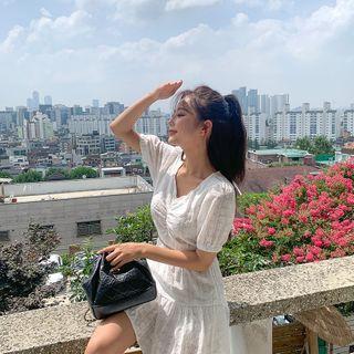 Set: Eyelet-lace Cropped Top + Band-waist Mini Skirt