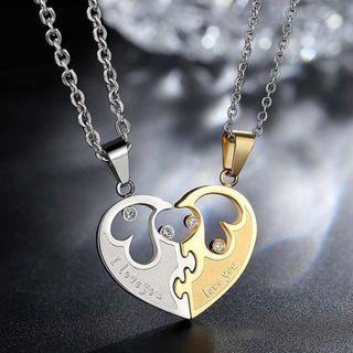 Set Of 2: Couple Matching Heart Stainless Steel Pendant Necklace (various Designs) 2 Pcs - Gold & Silver - One Size