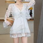 Set: Spaghetti Strap Ruffle Trim Swimdress + Lace Cover-up Top