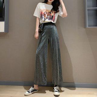 Printed T-shirt / Glitter Wide-leg Pants