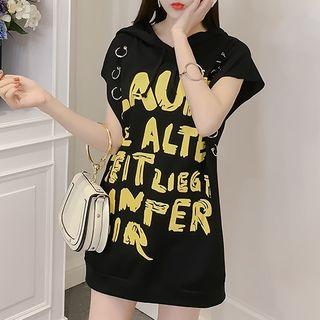 Lettering Hooded Short-sleeve Long T-shirt