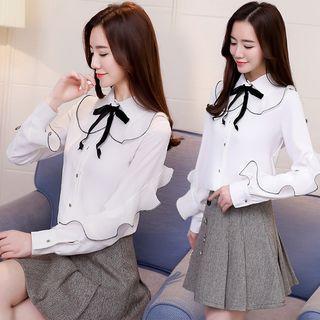 Bow Accent Ruffle Trim Chiffon Shirt