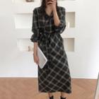 Long-sleeve Plaid Midi A-line Wrap Dress As Shown In Figure - One Size