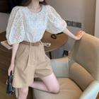 Set: Short-sleeve V-neck Lace Top + Shorts + Belt