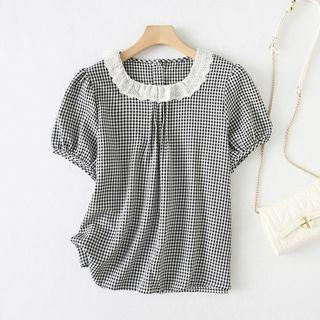 Puff-sleeve Gingham Blouse Black & White - One Size