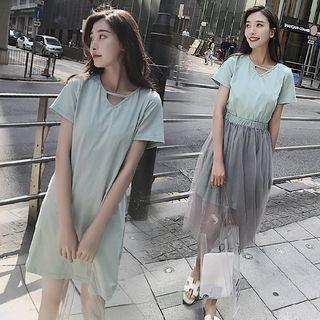 Set: Short-sleeve T-shirt Dress + Mesh Midi Skirt