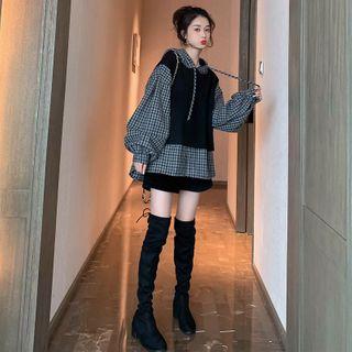 Long-sleeve Mock Two-piece Plaid Hoodie