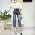 Set: Off Shoulder Elbow-sleeve Top + Cropped Wide Leg Jeans